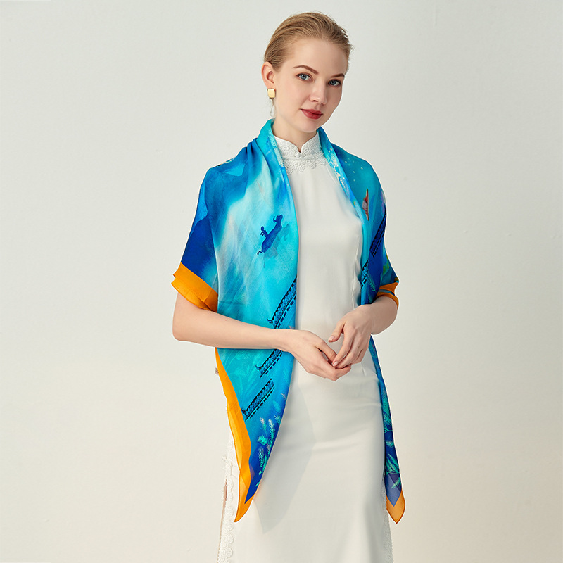 Fantasy fairyland oil painting blue silk scarf mulberry silk scarf S49