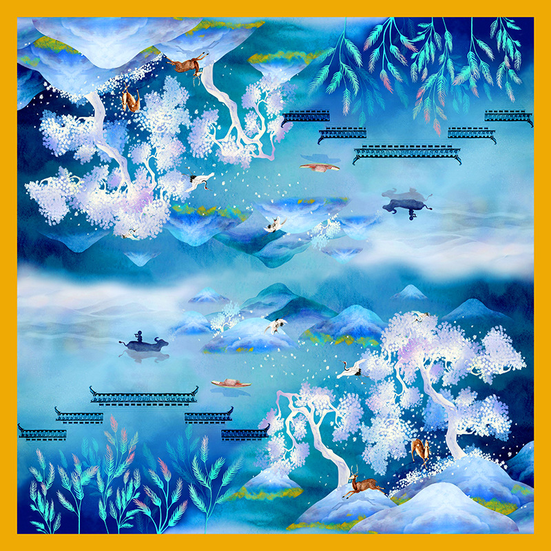 Fantasy fairyland oil painting blue silk scarf mulberry silk scarf S49